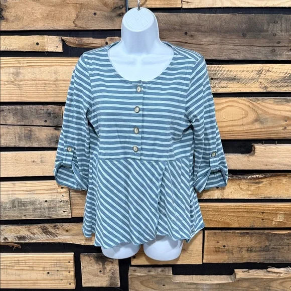 Soft Surroundings Preston Stripe Top Size XS Roll Tab Sleeves Wrap Peplum - Picture 2 of 7